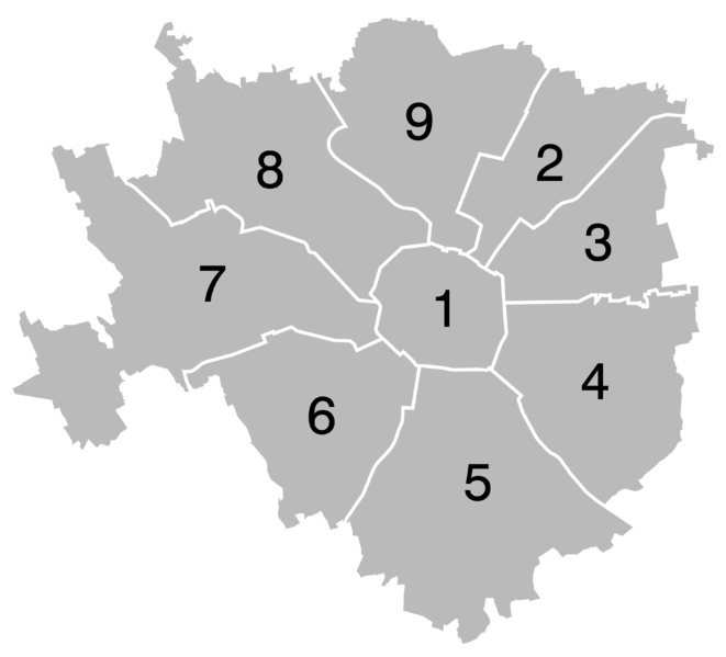Mapa de las nueve zonas de la metropolis